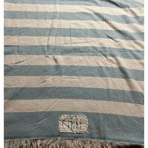Rae Dunn CHILL Blue/ White  Striped white‎ Fringe Beach Towel 36" x 68"